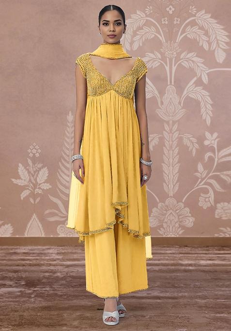 Yellow Palazzo Set With Hand Embroidered Kurta And Dupatta