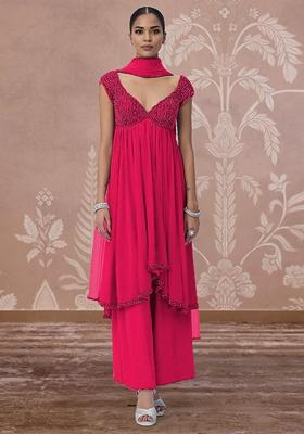 Pink Palazzo Set With Hand Embroidered Kurta And Dupatta