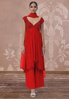 Red Palazzo Set With Hand Embroidered Kurta And Dupatta