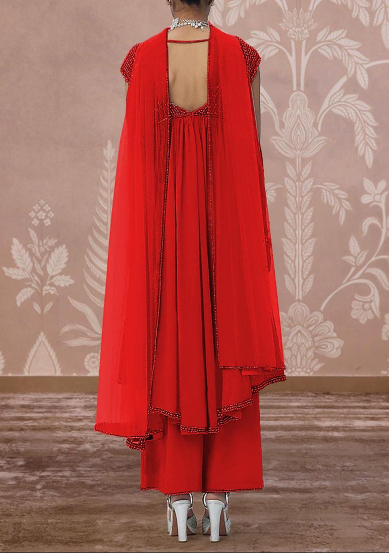 Red Palazzo Set With Hand Embroidered Kurta And Dupatta
