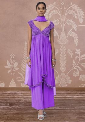 Purple Palazzo Set With Hand Embroidered Kurta And Dupatta