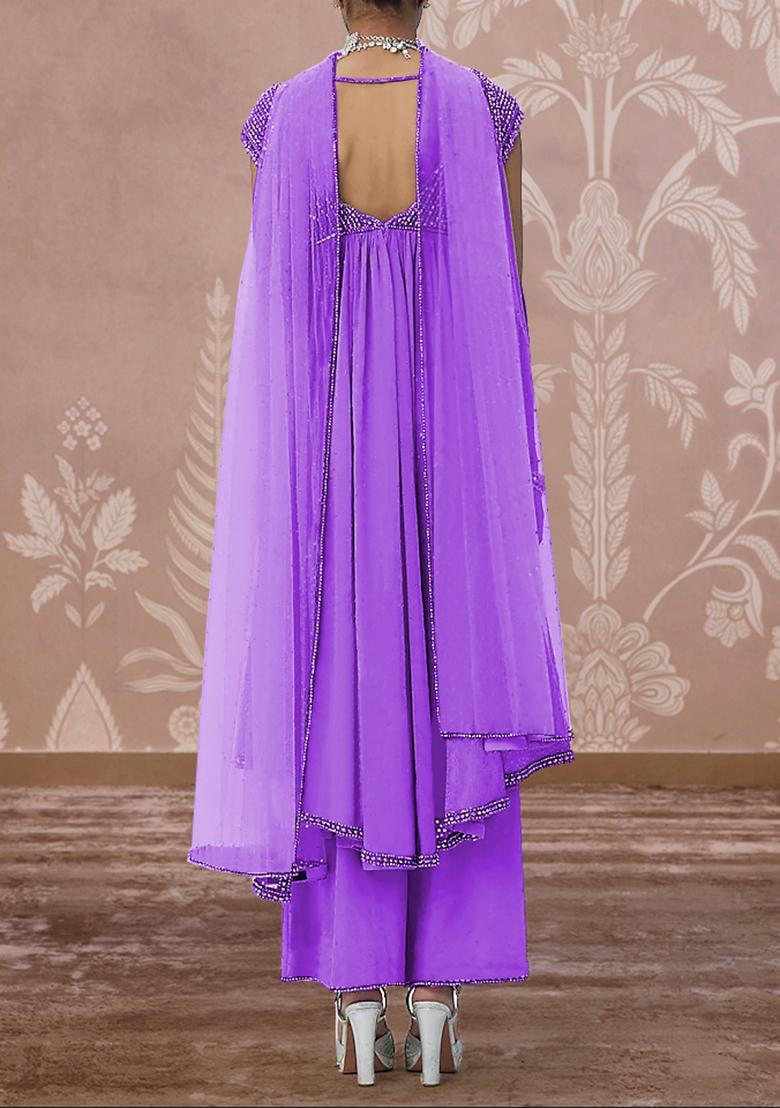 Purple Palazzo Set With Hand Embroidered Kurta And Dupatta