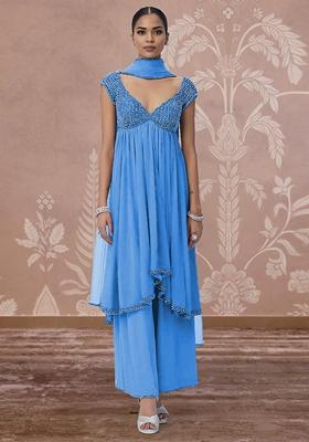 Blue Palazzo Set With Hand Embroidered Kurta And Dupatta