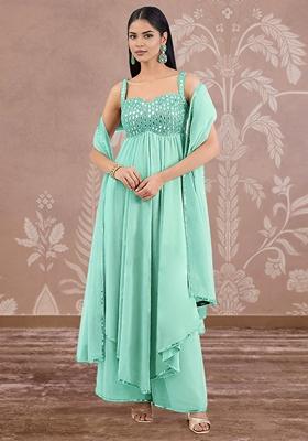 Green Palazzo Set With Hand Embroidered Kurta And Dupatta