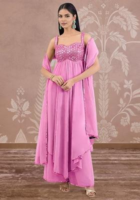 Pink Palazzo Set With Hand Embroidered Kurta And Dupatta