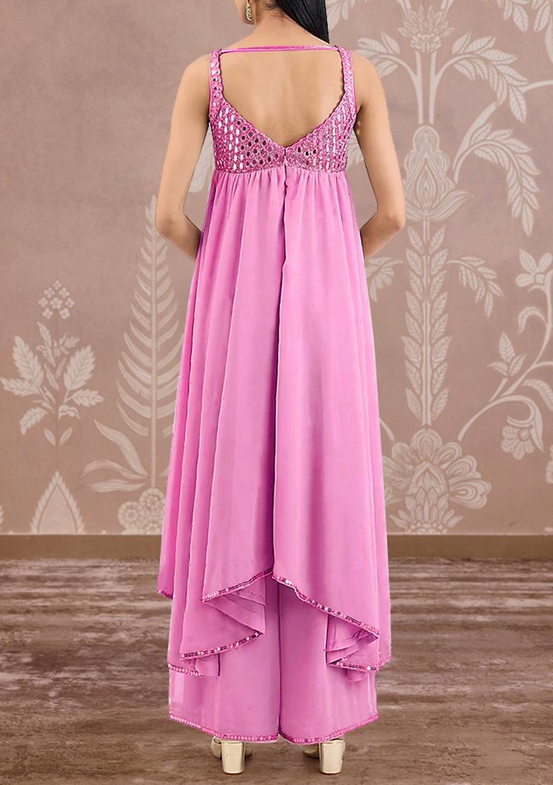 Pink Palazzo Set With Hand Embroidered Kurta And Dupatta