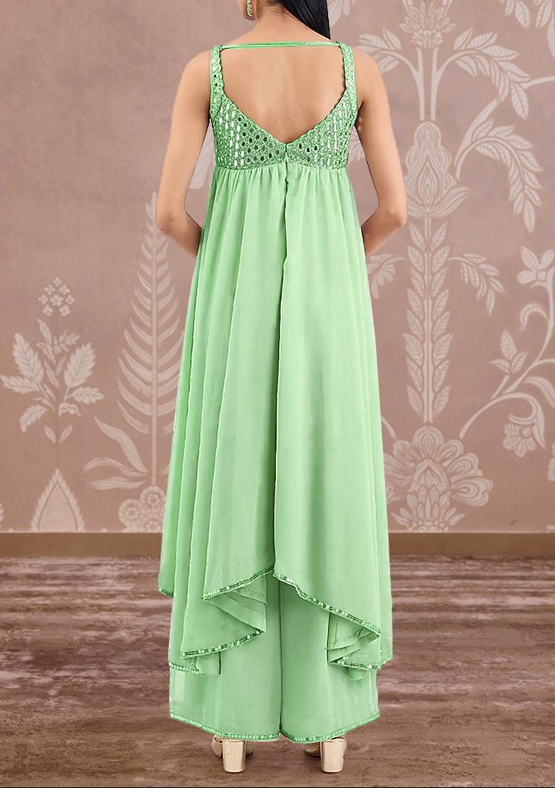 Green Palazzo Set With Hand Embroidered Kurta And Dupatta