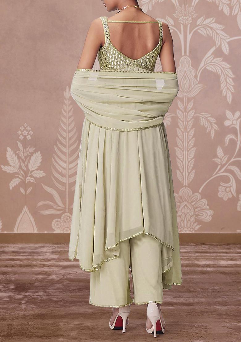 Olive Palazzo Set With Hand Embroidered Kurta And Dupatta