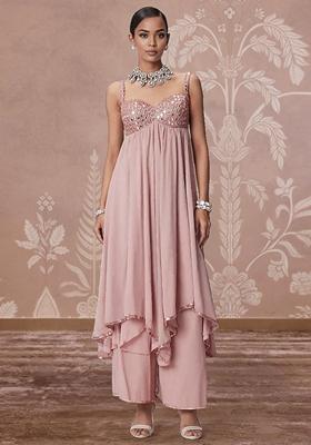 Pink Palazzo Set With Hand Embroidered Kurta And Dupatta