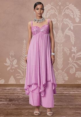 Pink Palazzo Set With Hand Embroidered Kurta And Dupatta