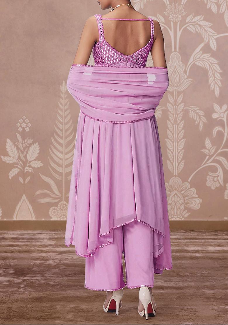 Pink Palazzo Set With Hand Embroidered Kurta And Dupatta
