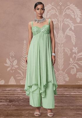 Green Palazzo Set With Hand Embroidered Kurta And Dupatta