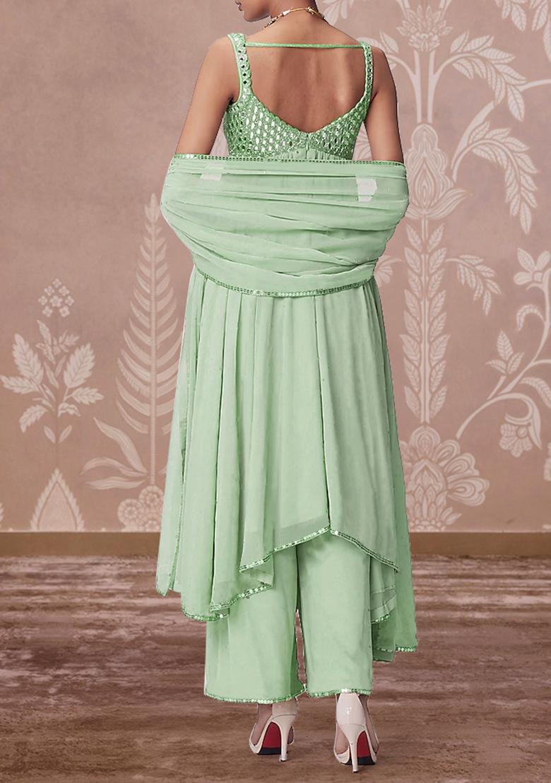 Green Palazzo Set With Hand Embroidered Kurta And Dupatta