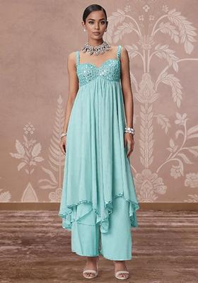 Blue Palazzo Set With Hand Embroidered Kurta And Dupatta