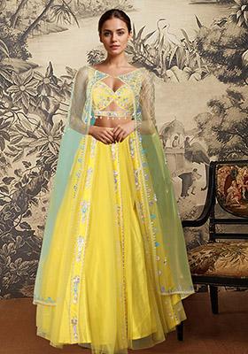 Yellow Lehenga And Hand Embroidered Blouse Set With Cape And Belt