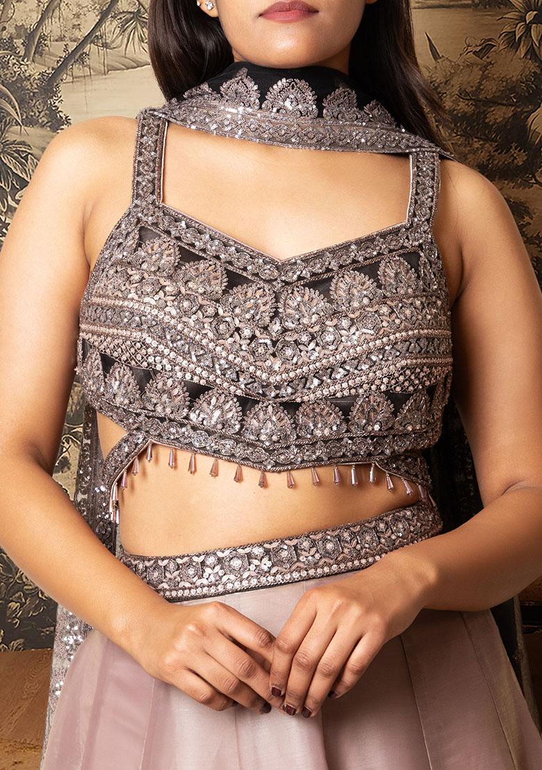 Grey Lehenga Set With Hand Embroidered Blouse And Dupatta