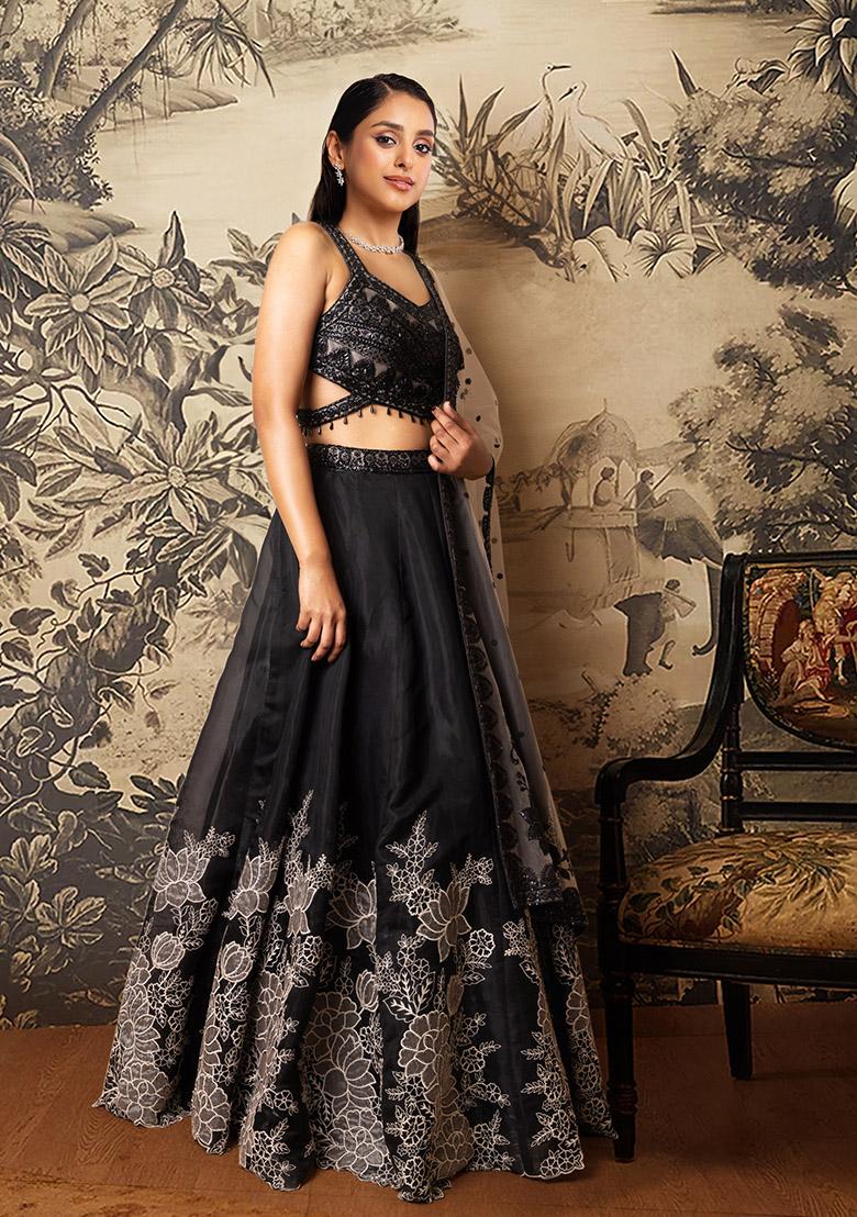 Black Lehenga Set With Hand Embroidered Blouse And Dupatta