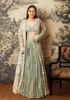 Green Lehenga Set With Hand Embroidered Blouse And Jacket