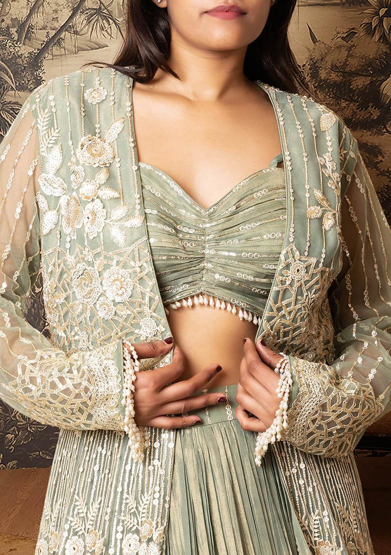 Green Lehenga Set With Hand Embroidered Blouse And Jacket