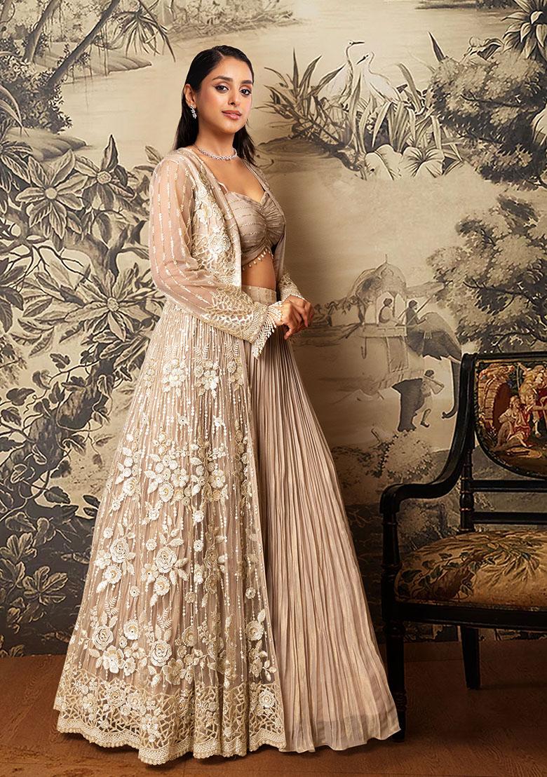 Beige Lehenga Set With Hand Embroidered Blouse And Jacket