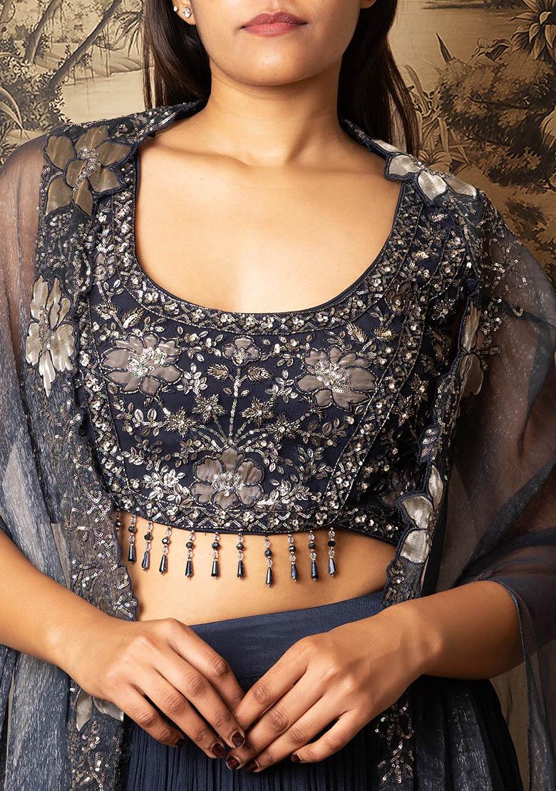 Blue Lehenga Set With Hand Embroidered Blouse And Jacket