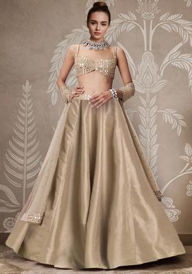 Beige Hand Embroidered Silk Lehenga Set