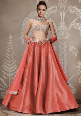 Orange Hand Embroidered Silk Lehenga Set