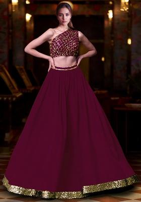 Wine Hand Embroidered Georgette Lehenga Set