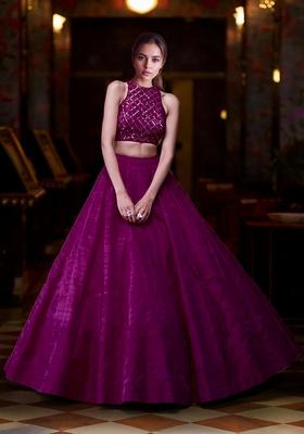 Wine Hand Embroidered Silk Lehenga Set