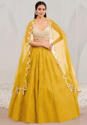 Yellow Hand Embroidered Organza Lehenga Set