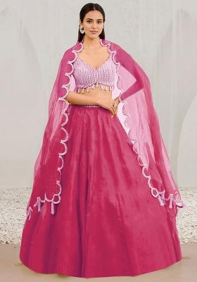 Fuschia Pink Hand Embroidered Organza Lehenga Set