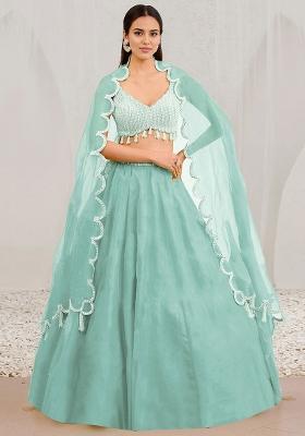 Aqua Blue Hand Embroidered Organza Lehenga Set