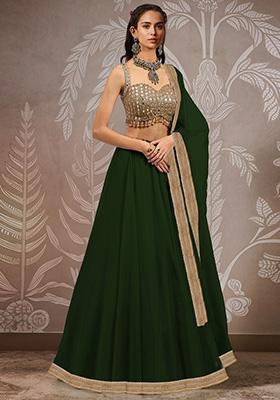 Dark Green Hand Embroidered Organza Lehenga Set