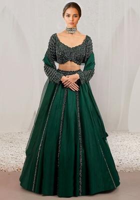 Dark Green Hand Embroidered Organza Lehenga Set