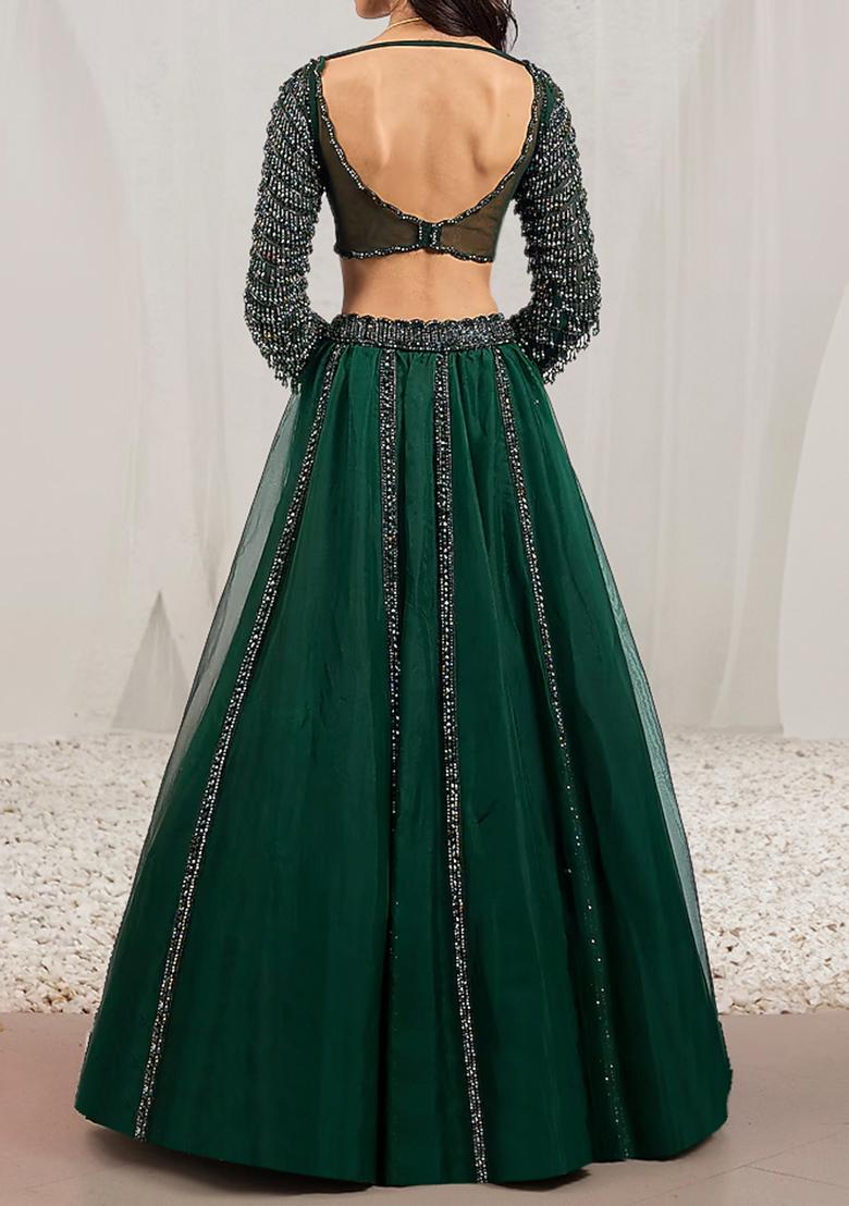 Dark Green Hand Embroidered Organza Lehenga Set