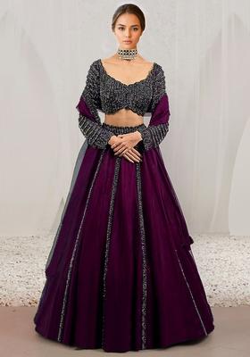 Wine Hand Embroidered Organza Lehenga Set