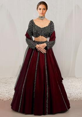 Dark Maroon Hand Embroidered Organza Lehenga Set