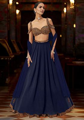 Navy Blue Hand Embroidered Georgette Lehenga Set