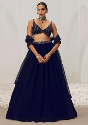 Navy Blue Hand Embroidered Georgette Lehenga Set