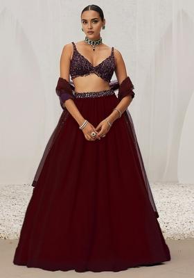 Maroon Hand Embroidered Georgette Lehenga Set