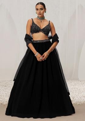 Black Hand Embroidered Georgette Lehenga Set