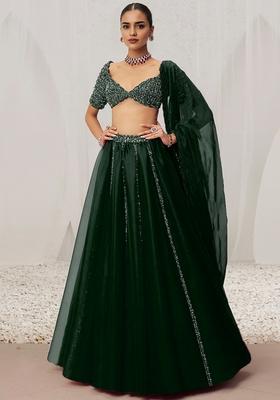 Bottle Green Hand Embroidered Organza Lehenga Set