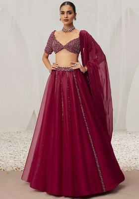Magenta Hand Embroidered Organza Lehenga Set