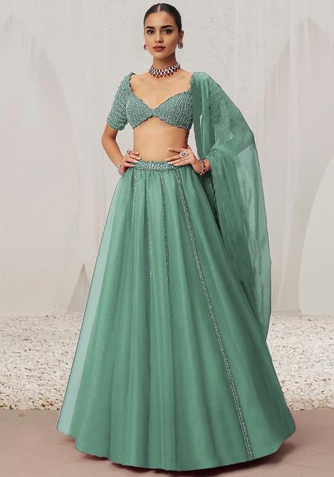 Sage Green Hand Embroidered Organza Lehenga Set