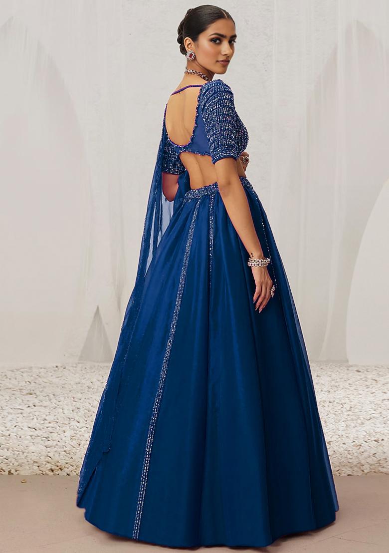 Navy Blue Hand Embroidered Organza Lehenga Set