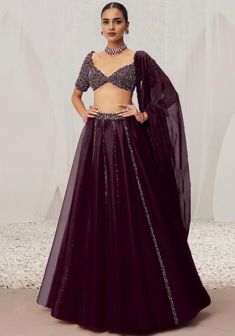 Dark Wine Hand Embroidered Organza Lehenga Set