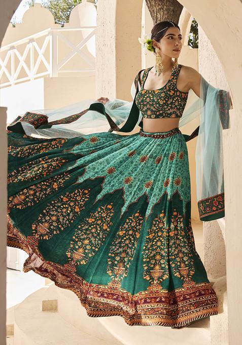 Green Lehenga Set With Hand Embroidered Blouse And Dupatta