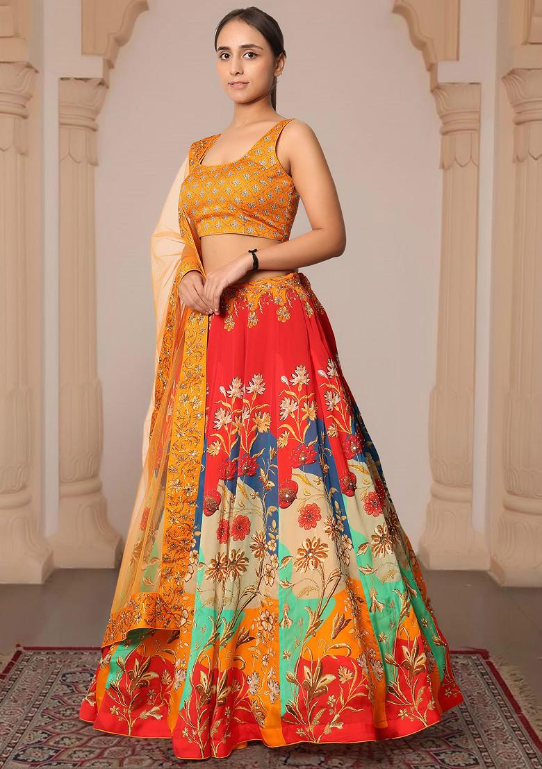 Orange Lehenga Set With Hand Embroidered Blouse And Dupatta