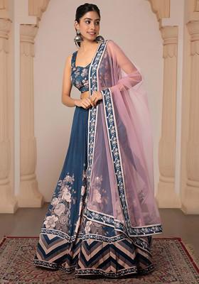 Blue Lehenga Set With Hand Embroidered Blouse And Dupatta