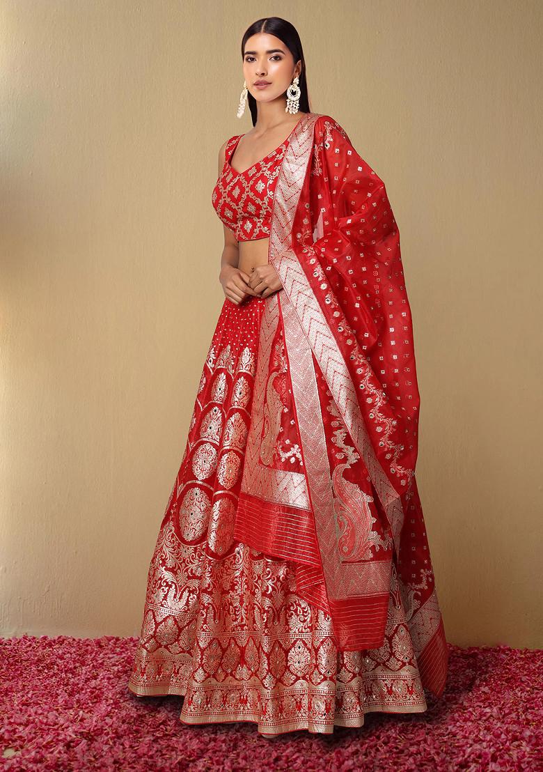 Red Lehenga Set With Hand Embroidered Blouse And Dupatta